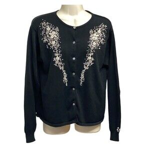 Chelsea Cambell Silk Cotton Blend black cream embroidered Cardigan Sweater Sz M
